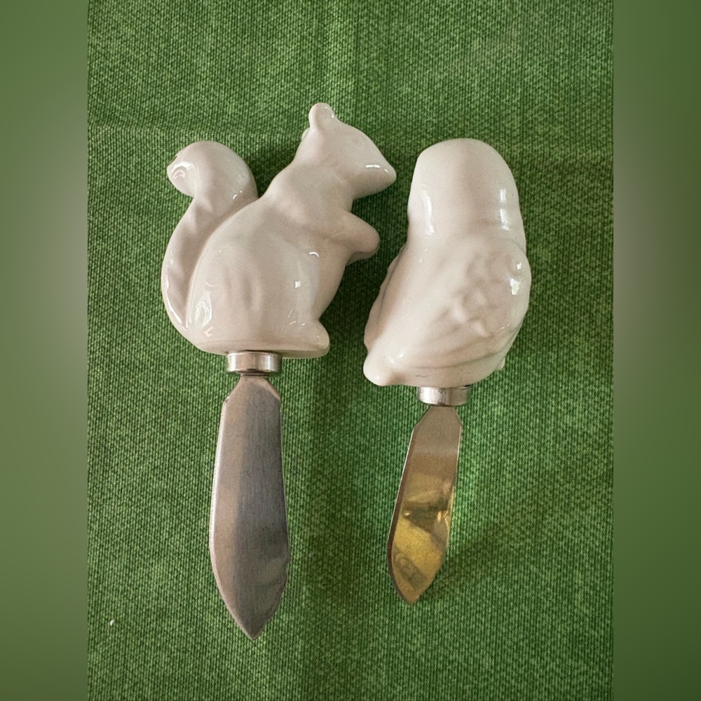 Anthropology White Ceramic Owl & Squirrel Cheese Spreaders - Picture 2 of 2